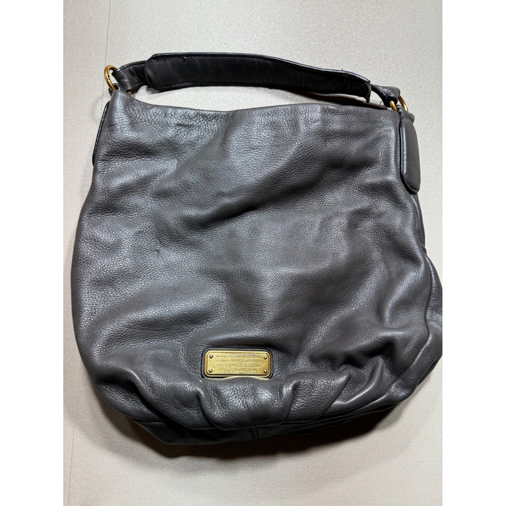 Marc by‎ Marc Jacobs Classic Q Hillier Hobo Bag Grey Pebbled Leather Gold Plaque